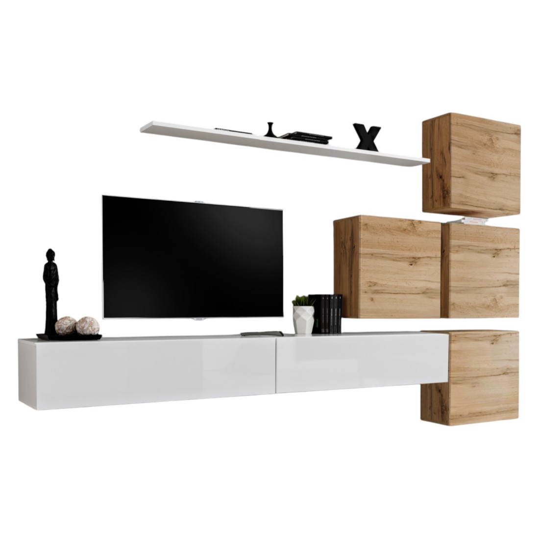 Ensemble meuble salon mural SWITCH IX design, coloris blanc brillant et chêne Wotan.