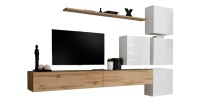 Ensemble meuble salon mural SWITCH IX design, coloris chêne Wotan et blanc brillant.