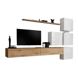 Ensemble meuble salon mural SWITCH IX design, coloris chêne Wotan et blanc brillant.