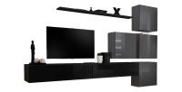 Ensemble meuble salon mural SWITCH IX design, coloris noir et gris brillant.