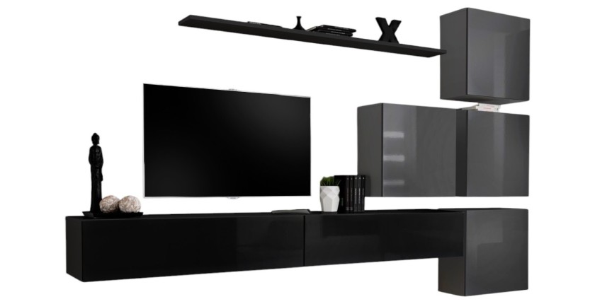 Ensemble meuble salon mural SWITCH IX design, coloris noir et gris brillant.