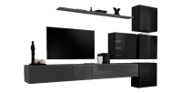 Ensemble meuble salon mural SWITCH IX design, coloris gris et noir brillant.