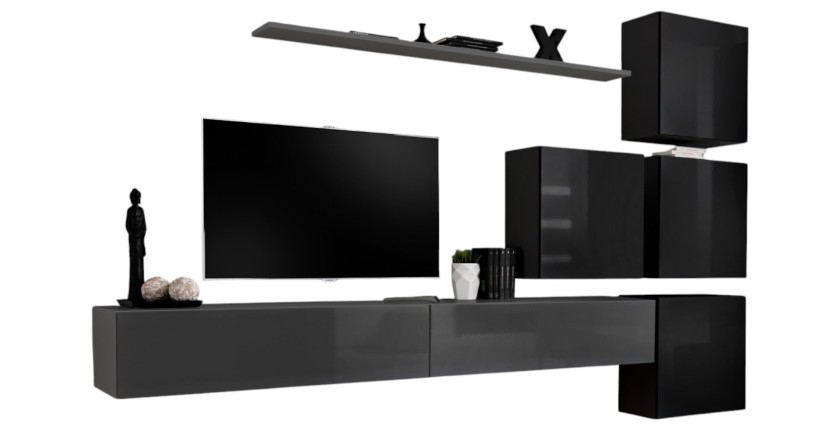 Ensemble meuble salon mural SWITCH IX design, coloris gris et noir brillant.