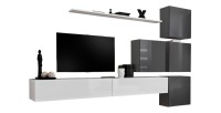 Ensemble meuble salon mural SWITCH IX design, coloris blanc et gris brillant.