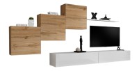 Ensemble meuble salon mural SWITCH X design, coloris blanc brillant et chêne Wotan.