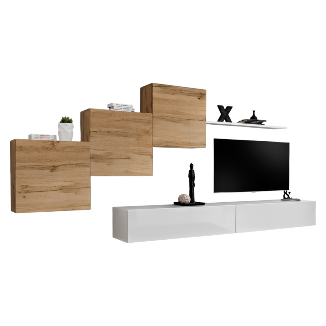 Ensemble meuble salon mural SWITCH X design, coloris blanc brillant et chêne Wotan.