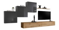 Ensemble meuble salon mural SWITCH X design, coloris chêne Wotan et gris brillant.