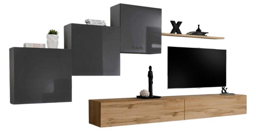Ensemble meuble salon mural SWITCH X design, coloris chêne Wotan et gris brillant.