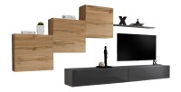 Ensemble meuble salon mural SWITCH X design, coloris gris brillant et chêne Wotan.