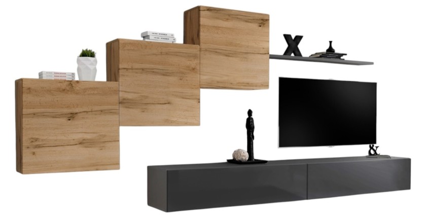 Ensemble meuble salon mural SWITCH X design, coloris gris brillant et chêne Wotan.