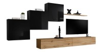Ensemble meuble salon mural SWITCH X design, coloris chêne Wotan et noir brillant.