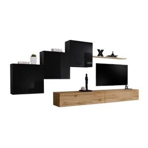 Ensemble meuble salon mural SWITCH X design, coloris chêne Wotan et noir brillant.