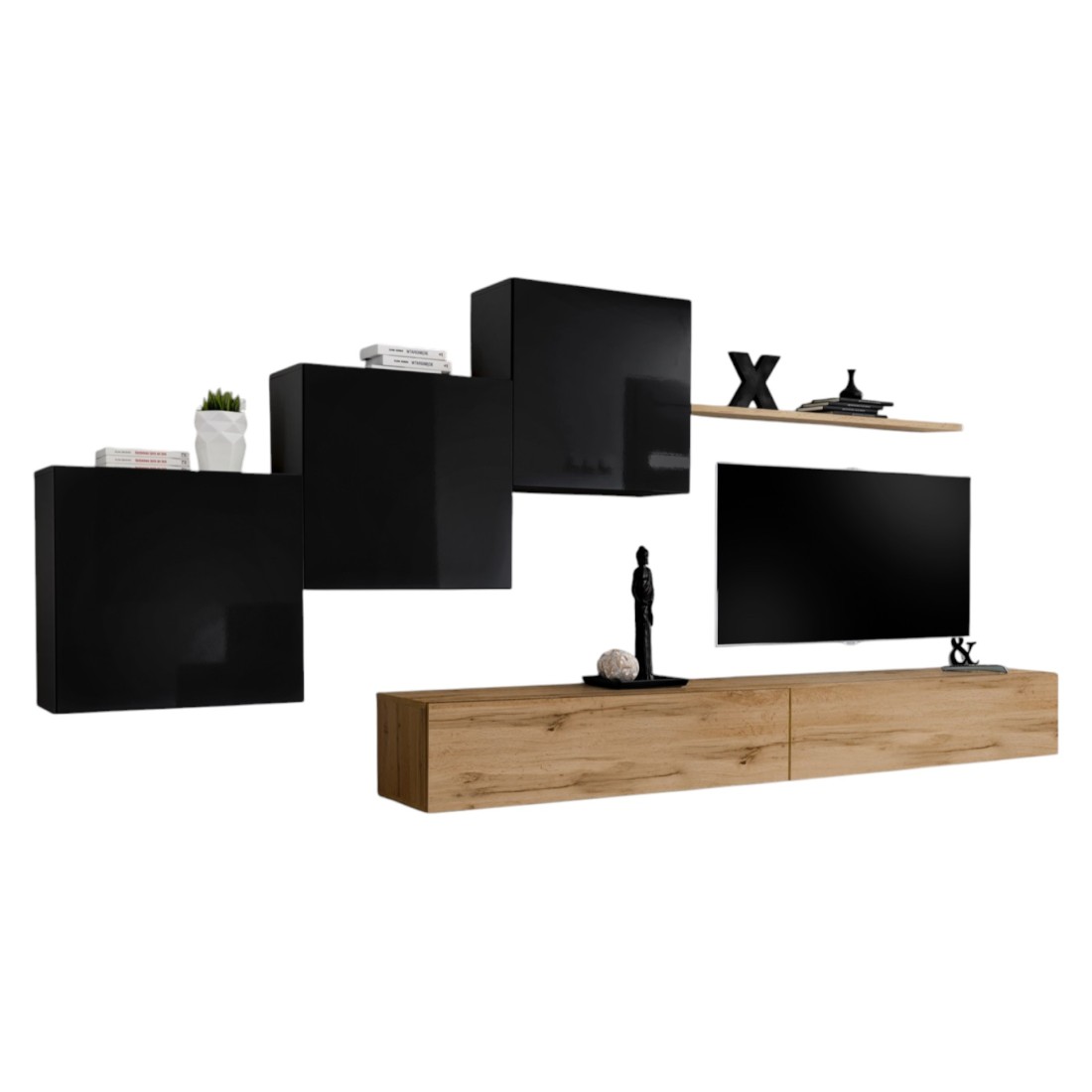 Ensemble meuble salon mural SWITCH X design, coloris chêne Wotan et noir brillant.