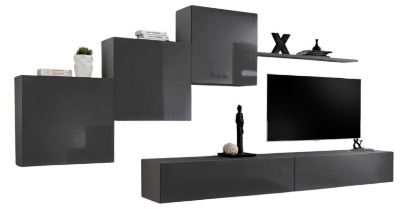 Ensemble meuble salon mural SWITCH X design, coloris gris brillant.