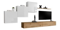 Ensemble meuble salon mural SWITCH X design, coloris chêne Wotan et blanc brillant.
