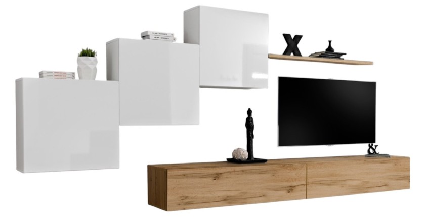 Ensemble meuble salon mural SWITCH X design, coloris chêne Wotan et blanc brillant.