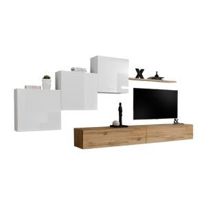 Ensemble meuble salon mural SWITCH X design, coloris chêne Wotan et blanc brillant.