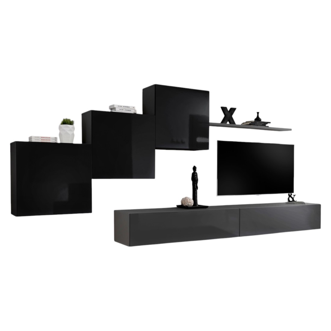 Ensemble meuble salon mural SWITCH X design, coloris gris et noir brillant.