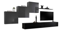 Ensemble meuble salon mural SWITCH X design, coloris noir et gris brillant.