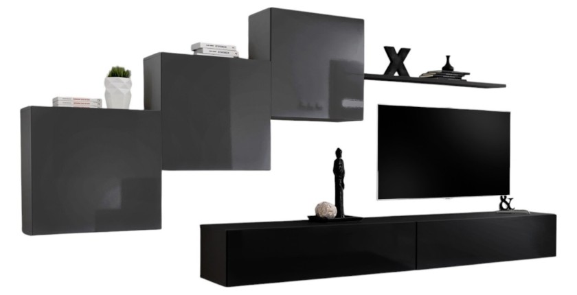 Ensemble meuble salon mural SWITCH X design, coloris noir et gris brillant.