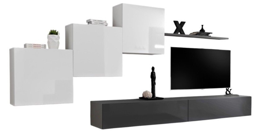 Ensemble meuble salon mural SWITCH X design, coloris gris et blanc brillant.