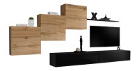 Ensemble meuble salon mural SWITCH X design, coloris noir brillant et chêne Wotan.