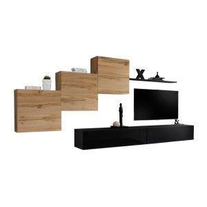 Ensemble meuble salon mural SWITCH X design, coloris noir brillant et chêne Wotan.