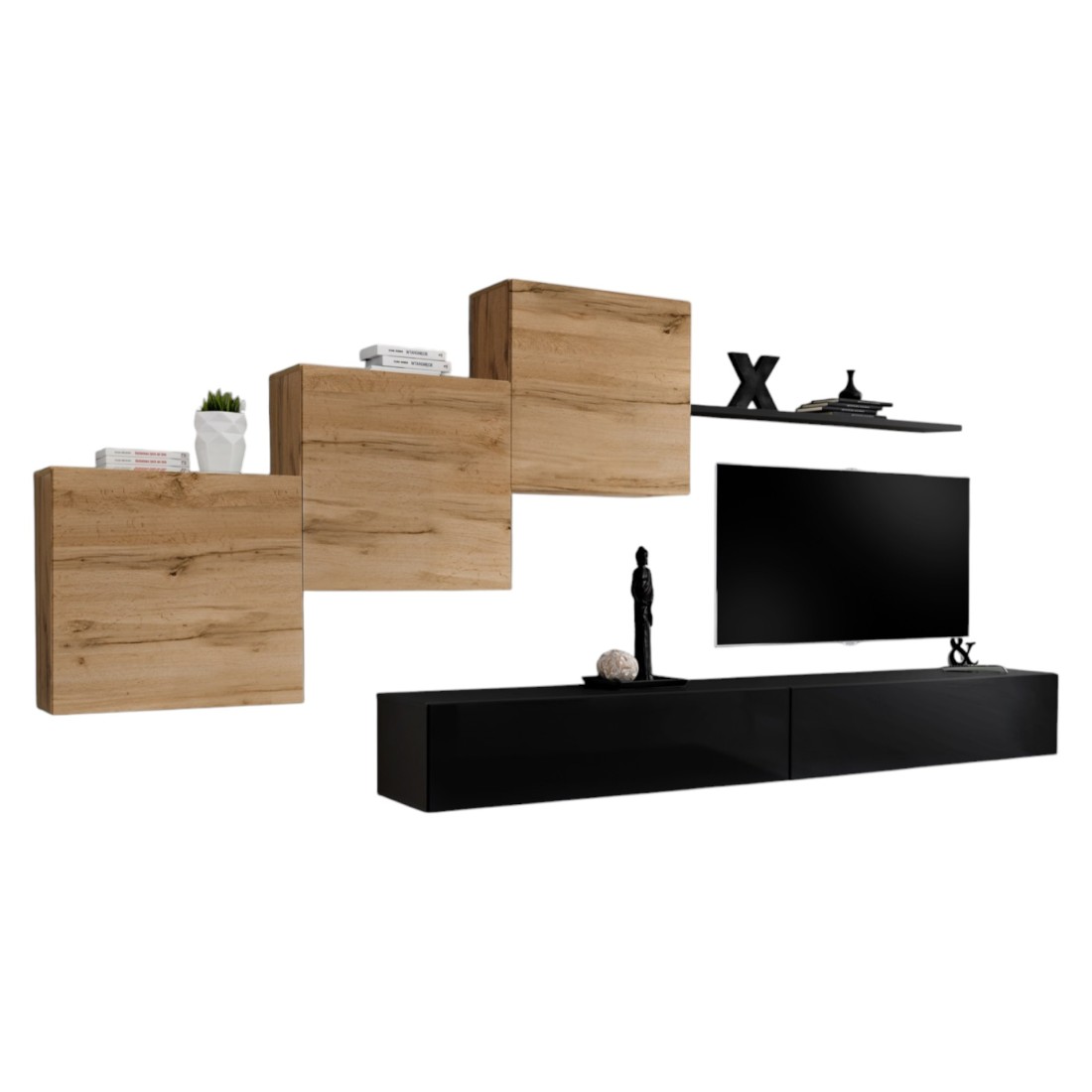 Ensemble meuble salon mural SWITCH X design, coloris noir brillant et chêne Wotan.