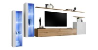 Ensemble meuble salon mural SWITCH XI design, coloris chêne Wotan et blanc brillant.