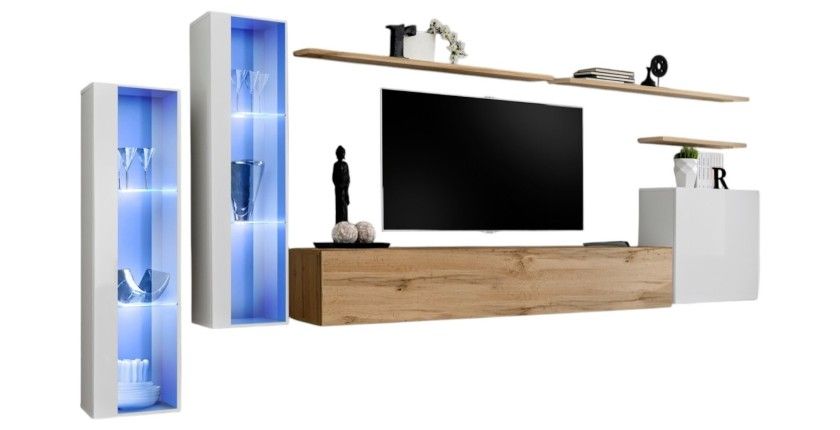 Ensemble meuble salon mural SWITCH XI design, coloris chêne Wotan et blanc brillant.