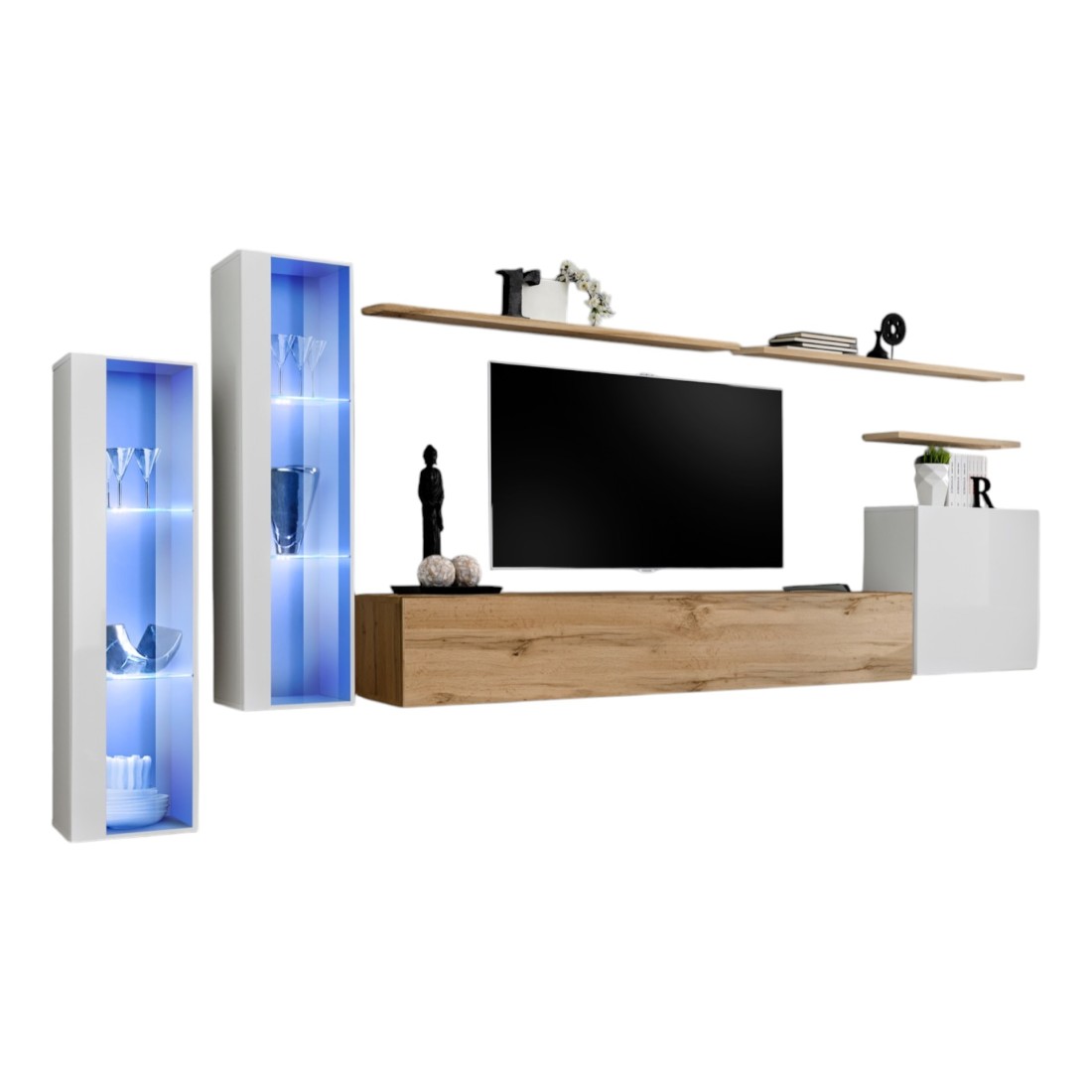Ensemble meuble salon mural SWITCH XI design, coloris chêne Wotan et blanc brillant.