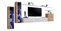 Ensemble meuble salon mural SWITCH XI design, coloris blanc brillant et chêne Wotan.