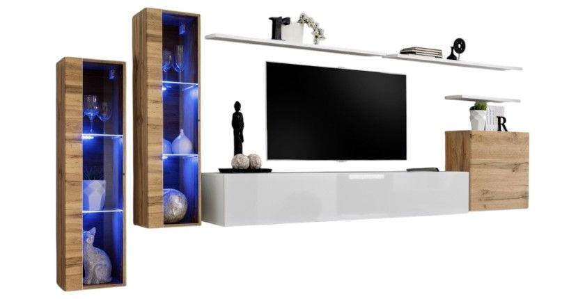 Ensemble meuble salon mural SWITCH XI design, coloris blanc brillant et chêne Wotan.