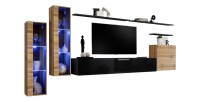 Ensemble meuble salon mural SWITCH XI design, coloris noir brillant et chêne Wotan.