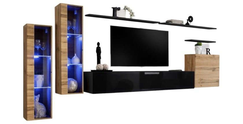 Ensemble meuble salon mural SWITCH XI design, coloris noir brillant et chêne Wotan.