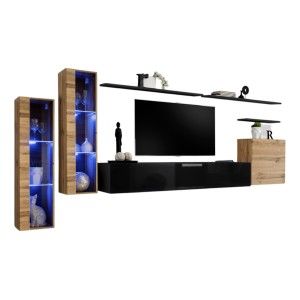 Ensemble meuble salon mural SWITCH XI design, coloris noir brillant et chêne Wotan.