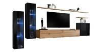 Ensemble meuble salon mural SWITCH XI design, coloris chêne Wotan et noir brillant.