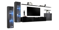 Ensemble meuble salon mural SWITCH XI design, coloris noir brillant et gris brillant.
