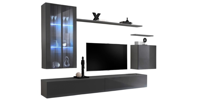 Ensemble meuble salon mural SWITCH XII design, coloris gris brillant.