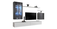 Ensemble meuble salon mural SWITCH XII design, coloris blanc et gris brillant.