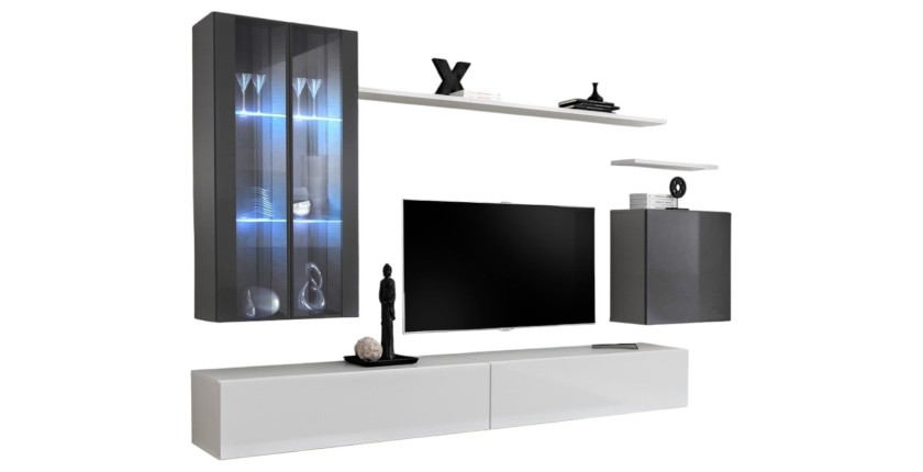 Ensemble meuble salon mural SWITCH XII design, coloris blanc et gris brillant.