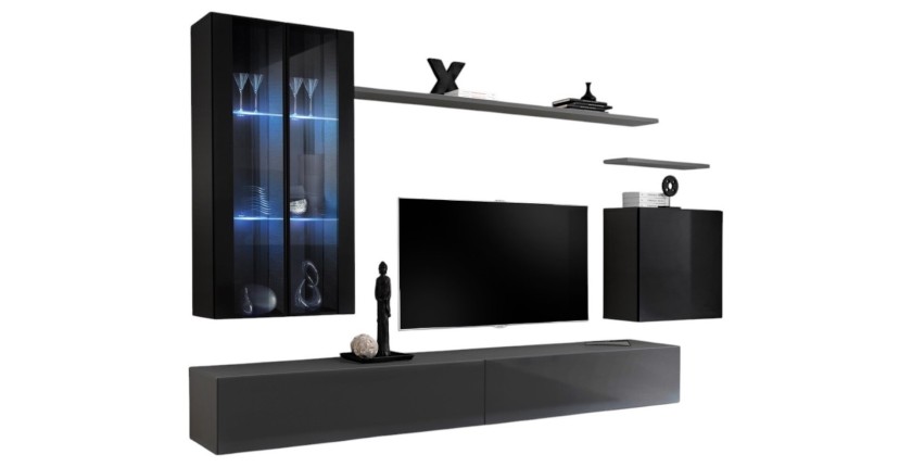 Ensemble meuble salon mural SWITCH XII design, coloris gris et noir brillant.