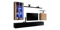 Ensemble meuble salon mural SWITCH XII design, coloris noir brillant et chêne Wotan.