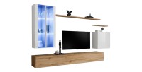 Ensemble meuble salon mural SWITCH XII design, coloris chêne Wotan et blanc brillant.