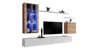 Ensemble meuble salon mural SWITCH XII design, coloris blanc brillant et chêne Wotan.