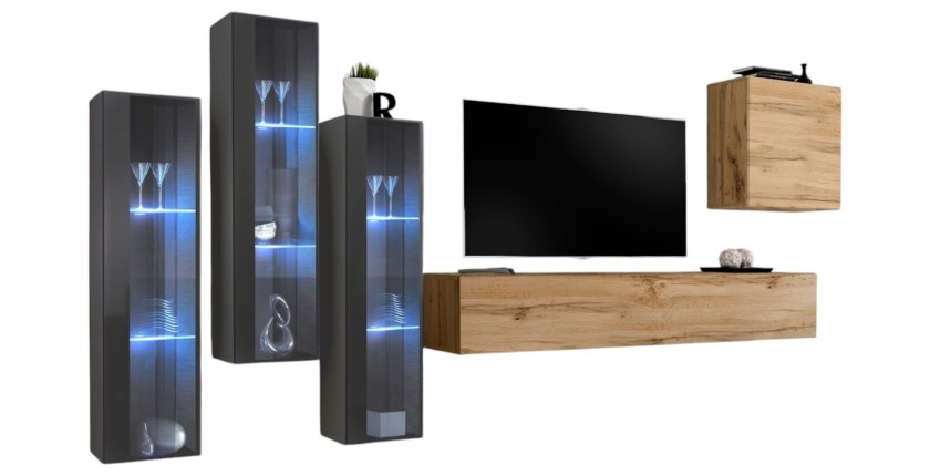 Wohnzimmer-Wandmöbelset SWITCH XIII im Design, Farbe Wotan-Eiche und Grau.
