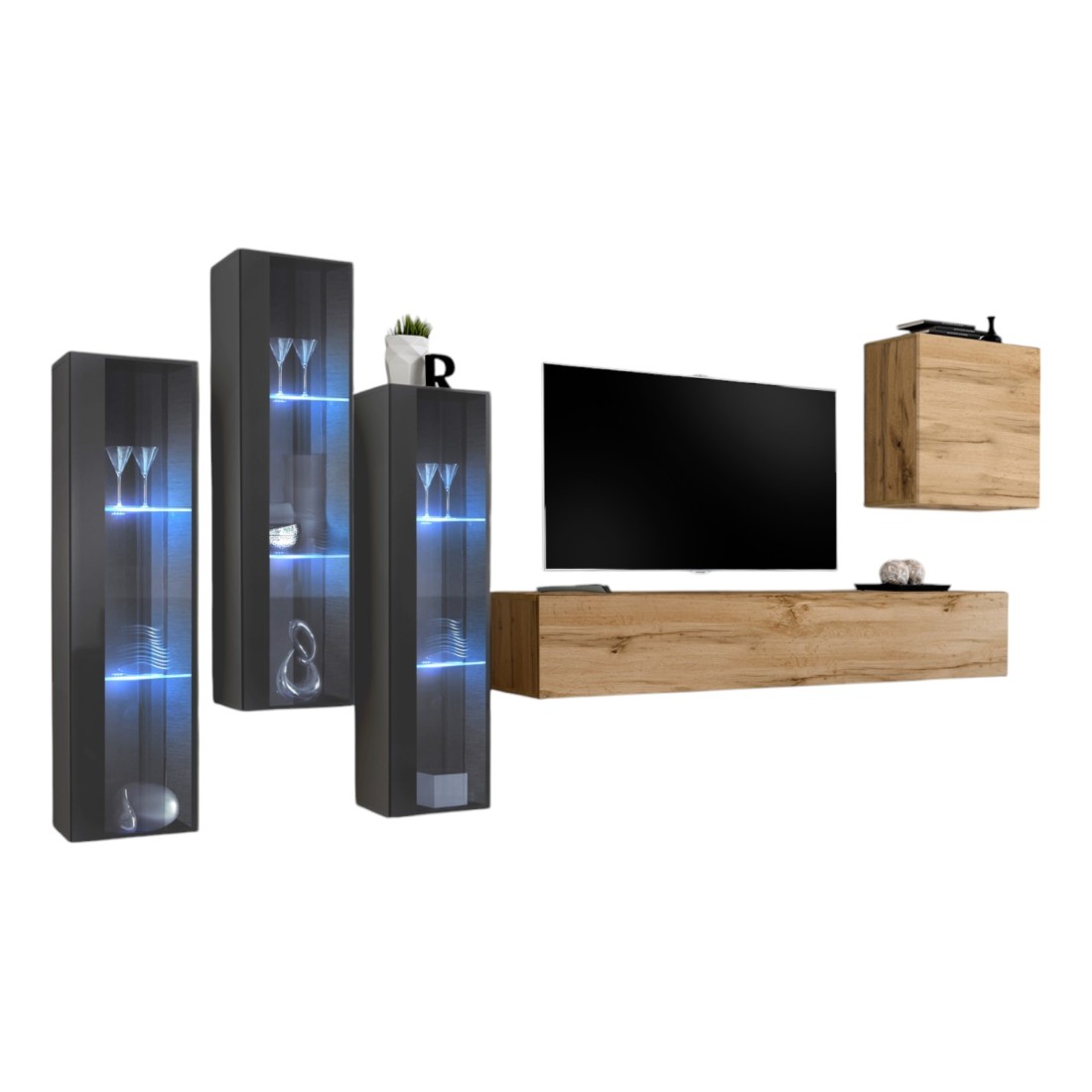 Wohnzimmer-Wandmöbelset SWITCH XIII im Design, Farbe Wotan-Eiche und Grau.