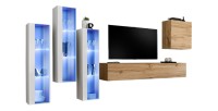 Ensemble meuble salon mural SWITCH XIII design, coloris chêne Wotan et blanc.