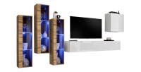 Ensemble meuble salon mural SWITCH XIII design, coloris blanc brillant et chêne Wotan.