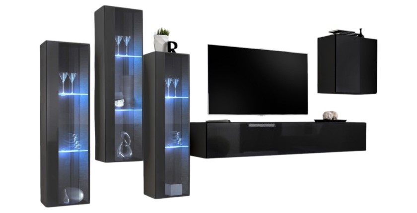 Wohnzimmer-Wandmöbel-Set SWITCH XIII, Design in glänzendem Schwarz und Grau.